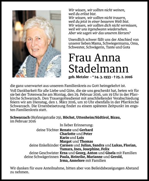 Todesanzeige von Anna Stadelmann von Vorarlberger Nachrichten