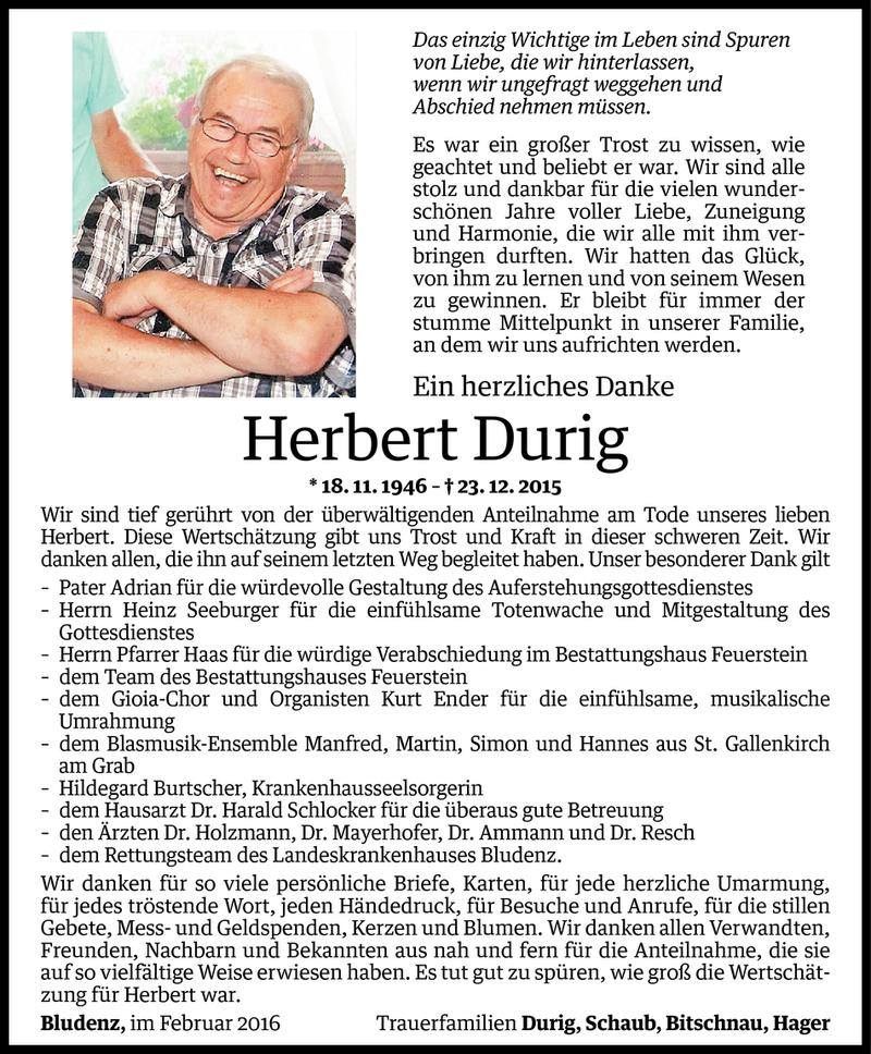  Todesanzeige für Herbert Durig vom 27.02.2016 aus Vorarlberger Nachrichten