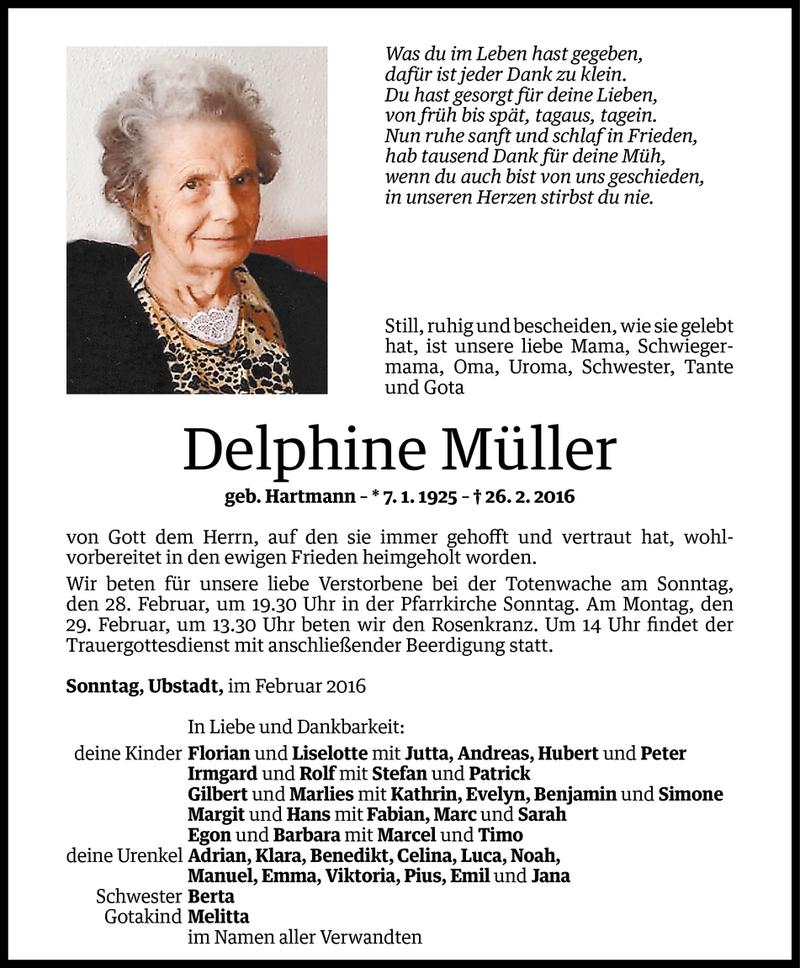  Todesanzeige für Delphine Müller vom 26.02.2016 aus Vorarlberger Nachrichten