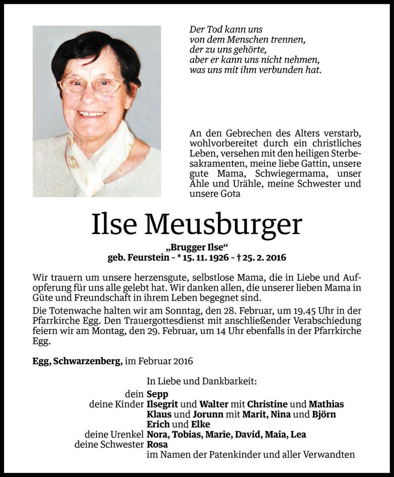  Todesanzeige für Ilse Meusburger vom 26.02.2016 aus Vorarlberger Nachrichten