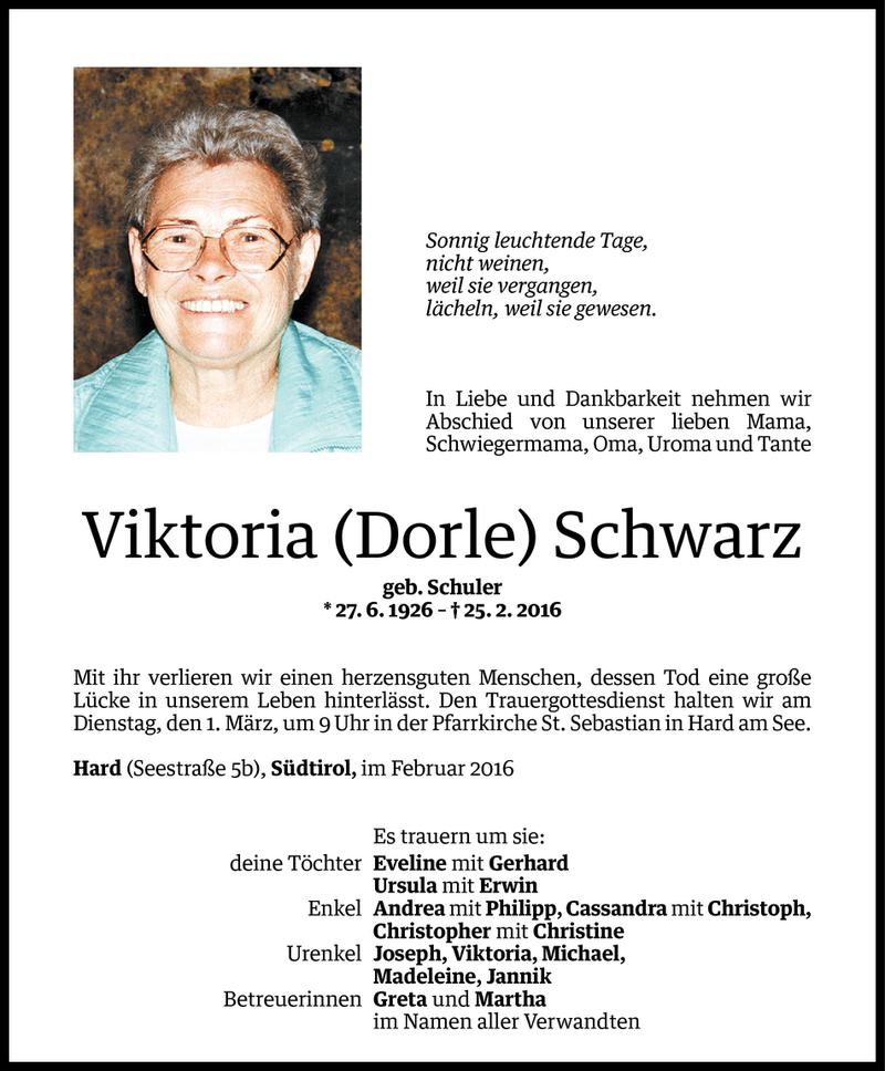  Todesanzeige für Viktoria Schwarz vom 26.02.2016 aus Vorarlberger Nachrichten