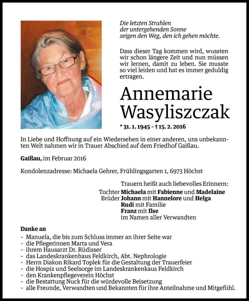  Todesanzeige für Annemarie Wasyliszczak vom 28.02.2016 aus Vorarlberger Nachrichten