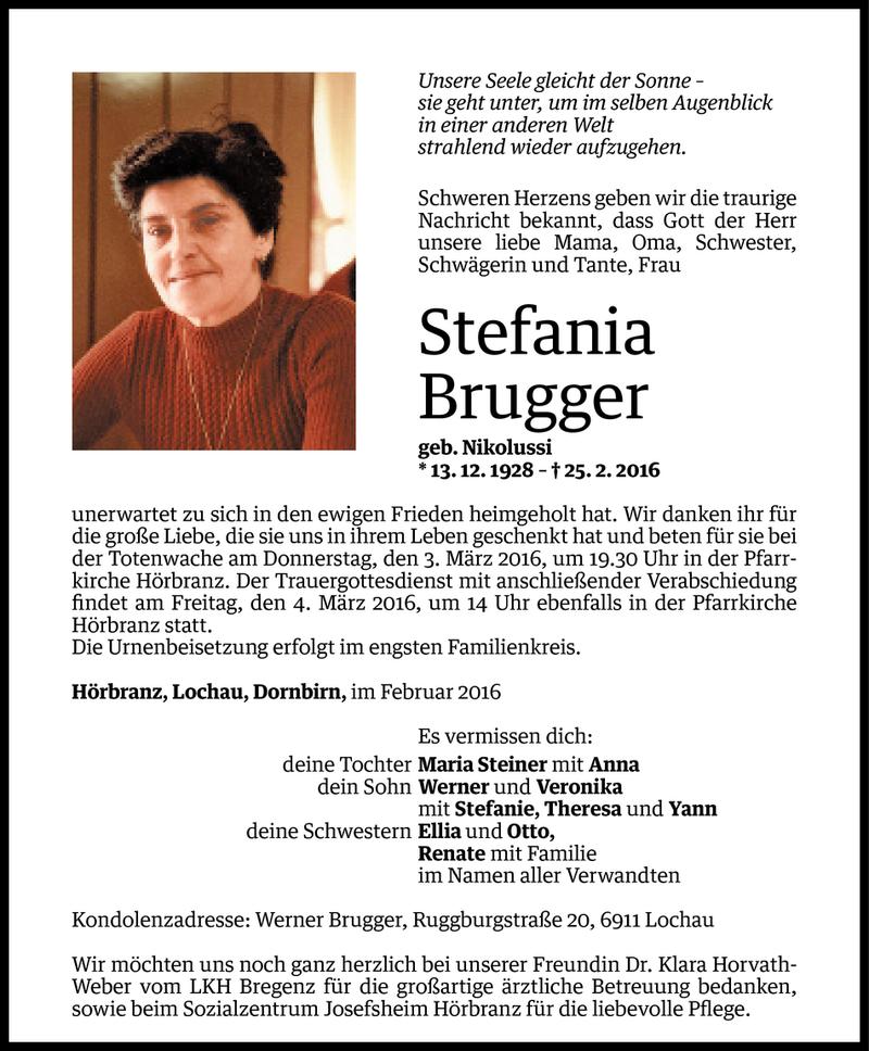  Todesanzeige für Stefania Brugger vom 29.02.2016 aus Vorarlberger Nachrichten