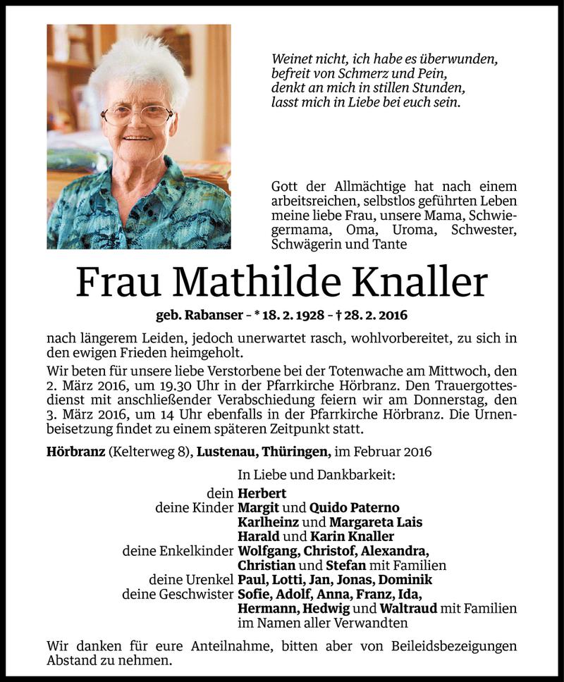  Todesanzeige für Mathilde Knaller vom 29.02.2016 aus Vorarlberger Nachrichten