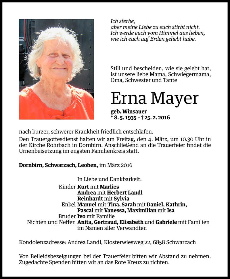  Todesanzeige für Erna Mayer vom 29.02.2016 aus Vorarlberger Nachrichten