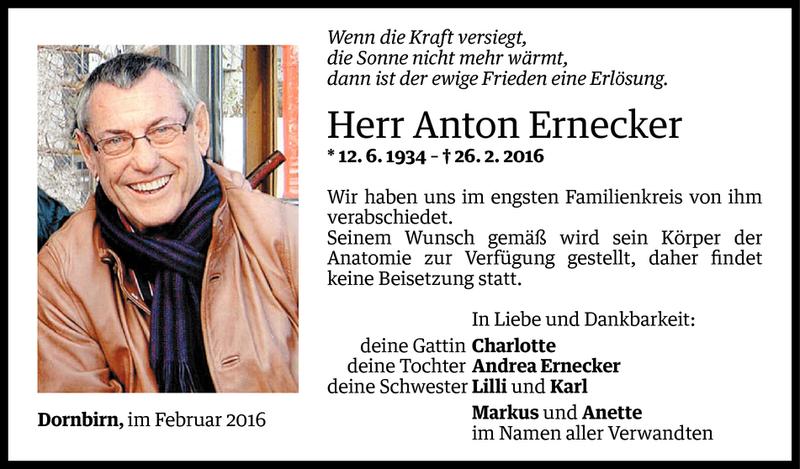  Todesanzeige für Anton Ernecker vom 01.03.2016 aus Vorarlberger Nachrichten