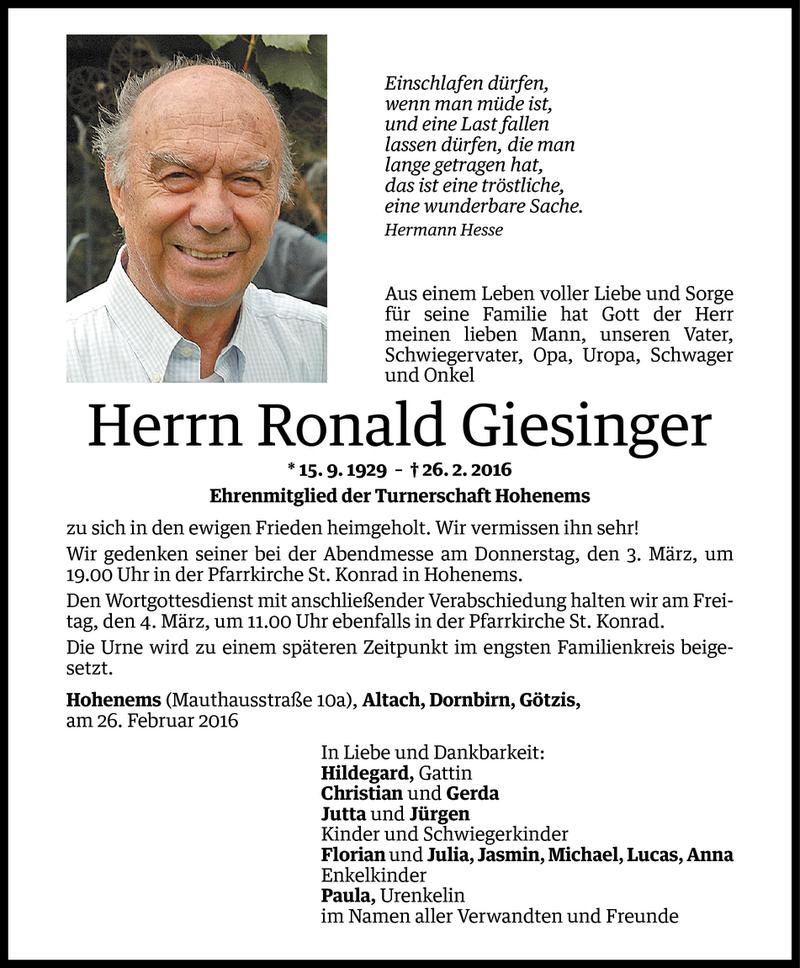  Todesanzeige für Ronald Giesinger vom 01.03.2016 aus Vorarlberger Nachrichten