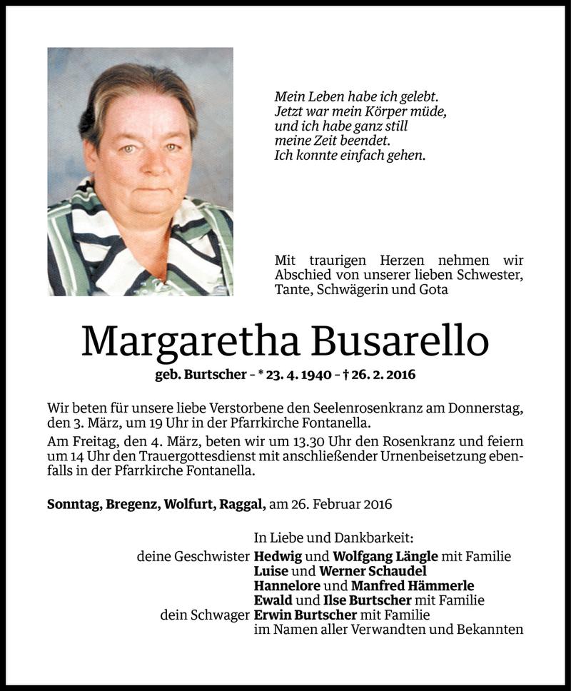  Todesanzeige für Margaretha Busarello vom 01.03.2016 aus Vorarlberger Nachrichten