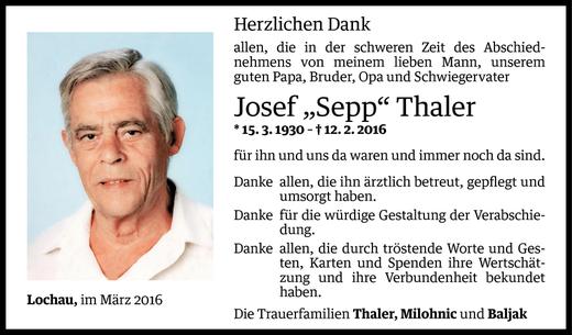Todesanzeige von Josef Thaler von Vorarlberger Nachrichten