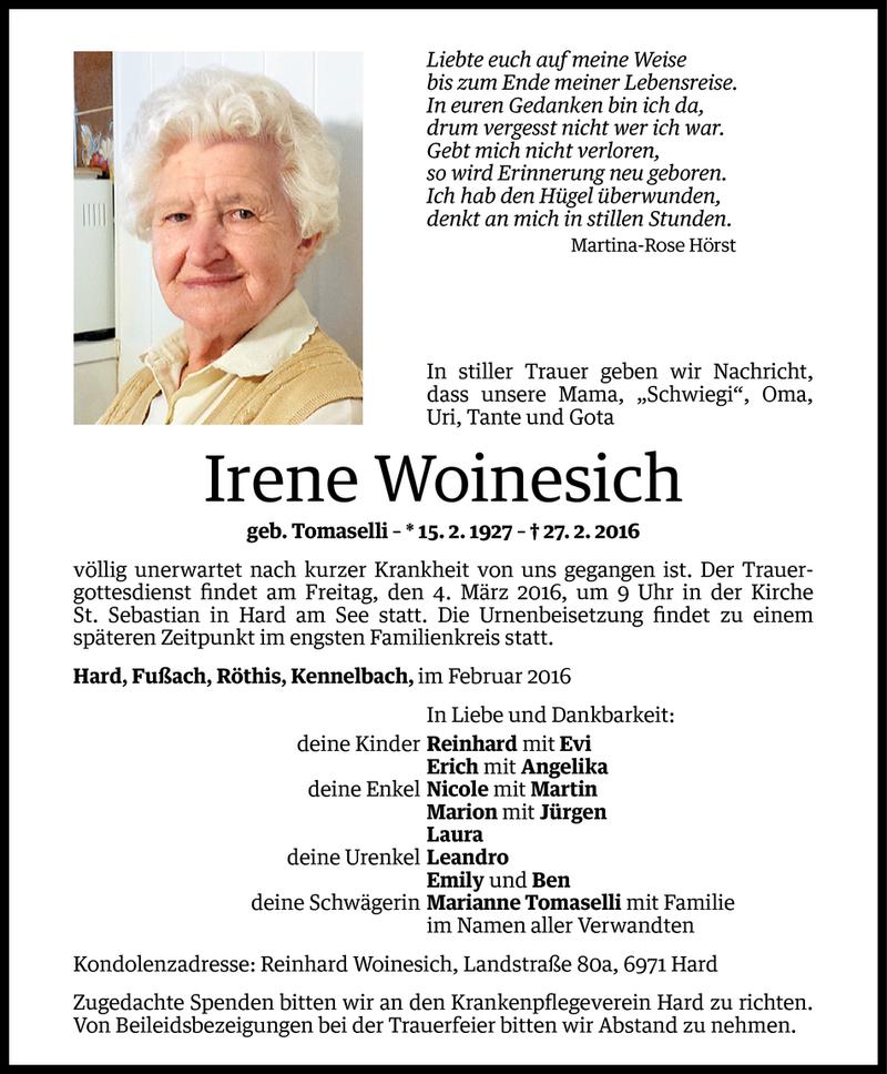  Todesanzeige für Irene Woinesich vom 01.03.2016 aus Vorarlberger Nachrichten