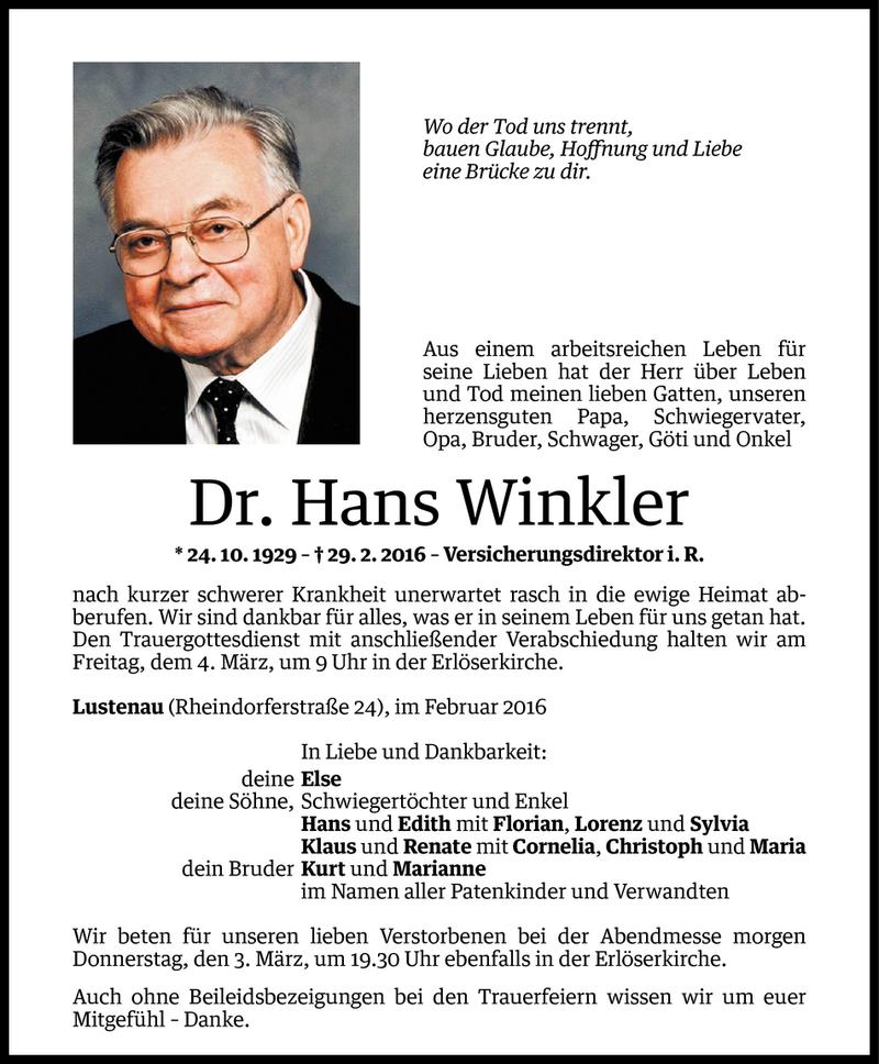  Todesanzeige für Hans Winkler vom 01.03.2016 aus Vorarlberger Nachrichten