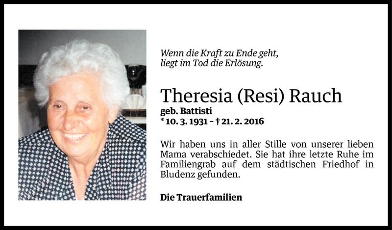  Todesanzeige für Theresia Rauch vom 02.03.2016 aus Vorarlberger Nachrichten