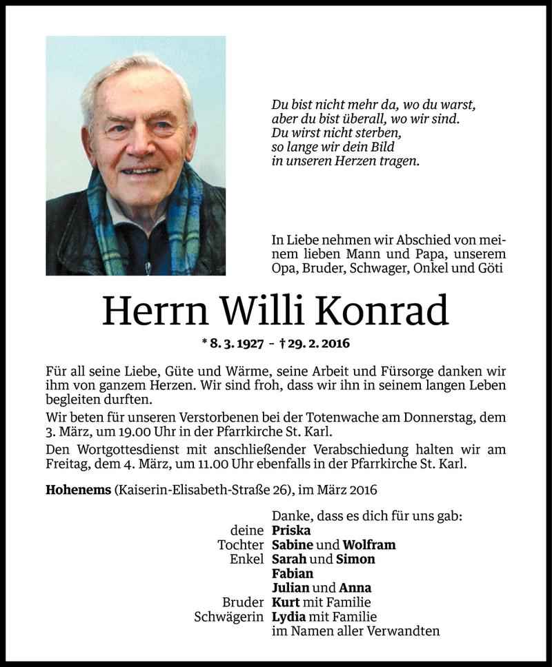  Todesanzeige für Willi Konrad vom 02.03.2016 aus Vorarlberger Nachrichten