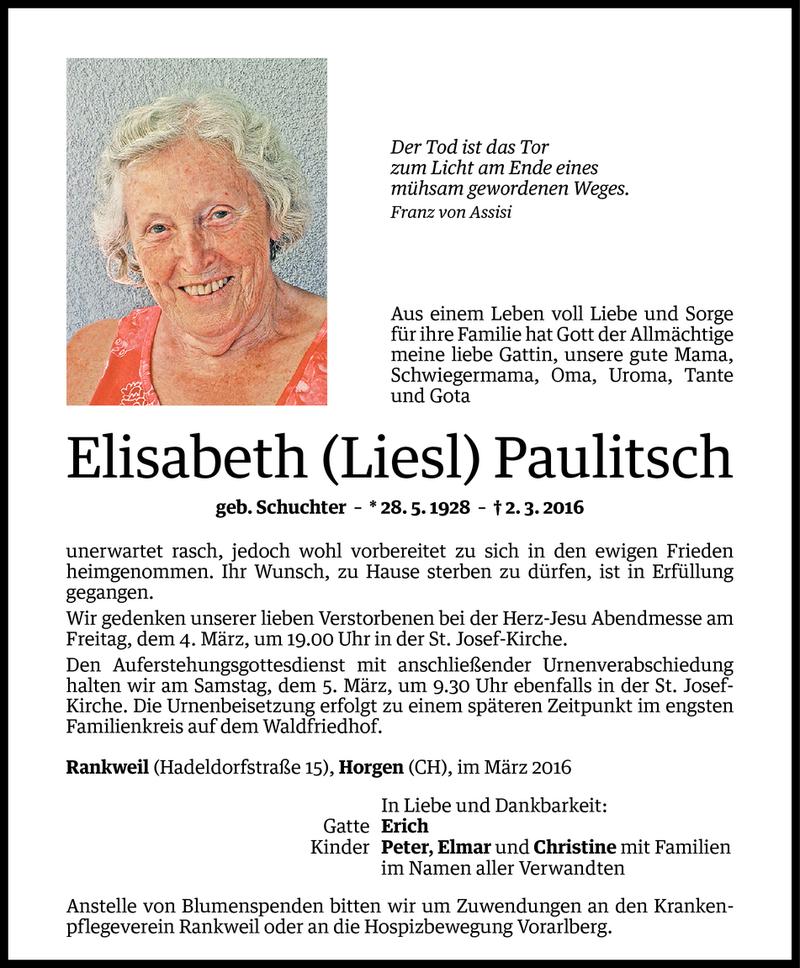  Todesanzeige für Elisabeth Paulitsch vom 03.03.2016 aus Vorarlberger Nachrichten