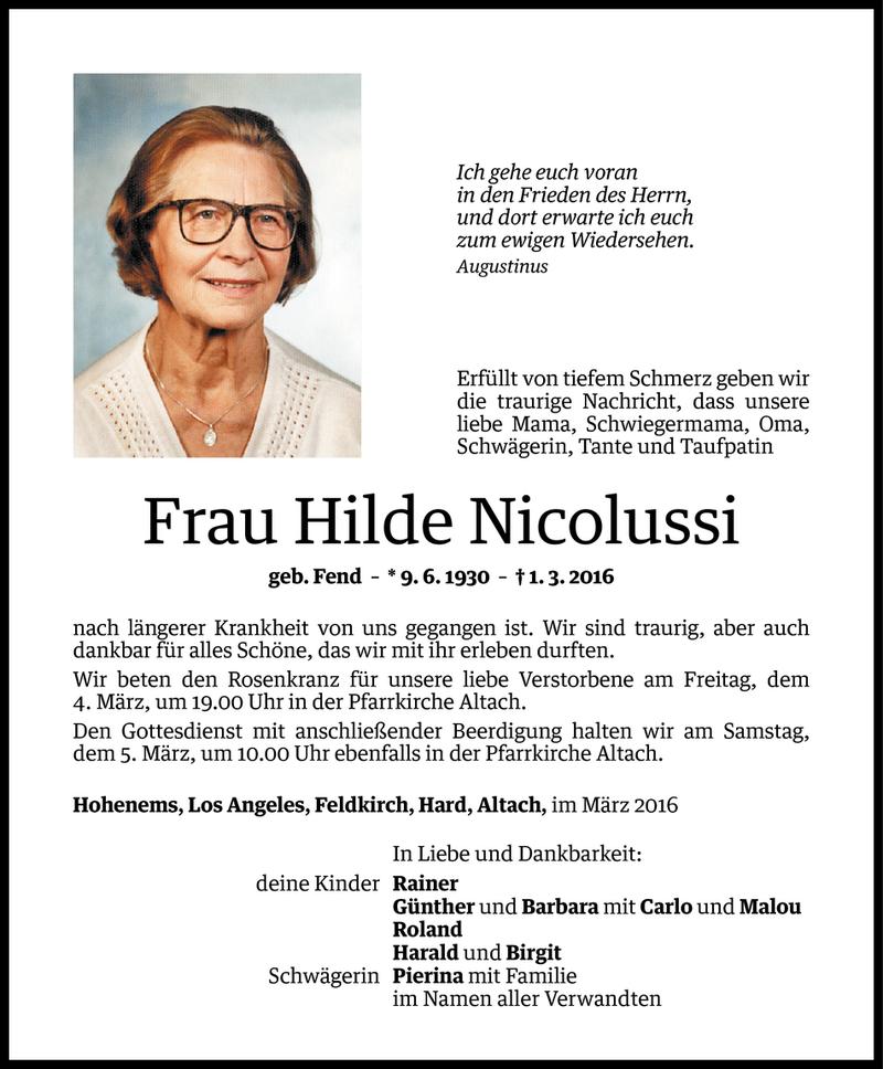  Todesanzeige für Hilde Nicolussi vom 03.03.2016 aus Vorarlberger Nachrichten