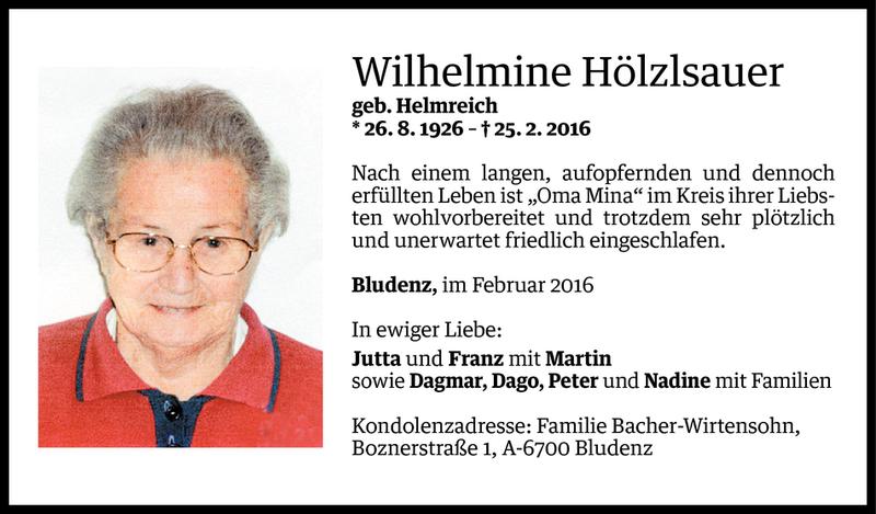  Todesanzeige für Wilhelmine Hölzlsauer vom 04.03.2016 aus Vorarlberger Nachrichten