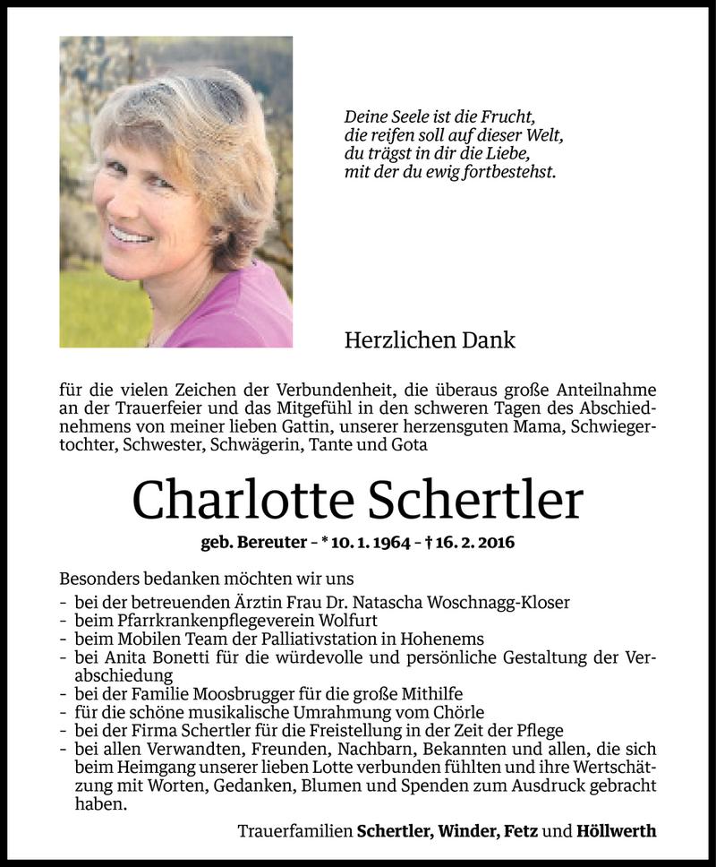  Todesanzeige für Charlotte Schertler vom 03.03.2016 aus Vorarlberger Nachrichten