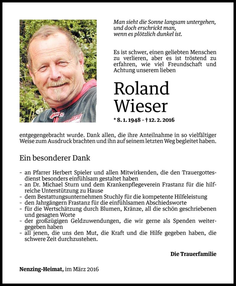 Todesanzeige für Roland Wieser vom 03.03.2016 aus Vorarlberger Nachrichten
