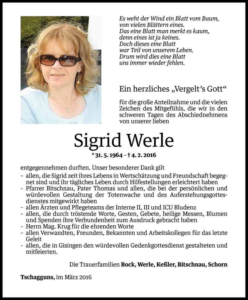  Todesanzeige für Sigrid Werle vom 03.03.2016 aus Vorarlberger Nachrichten