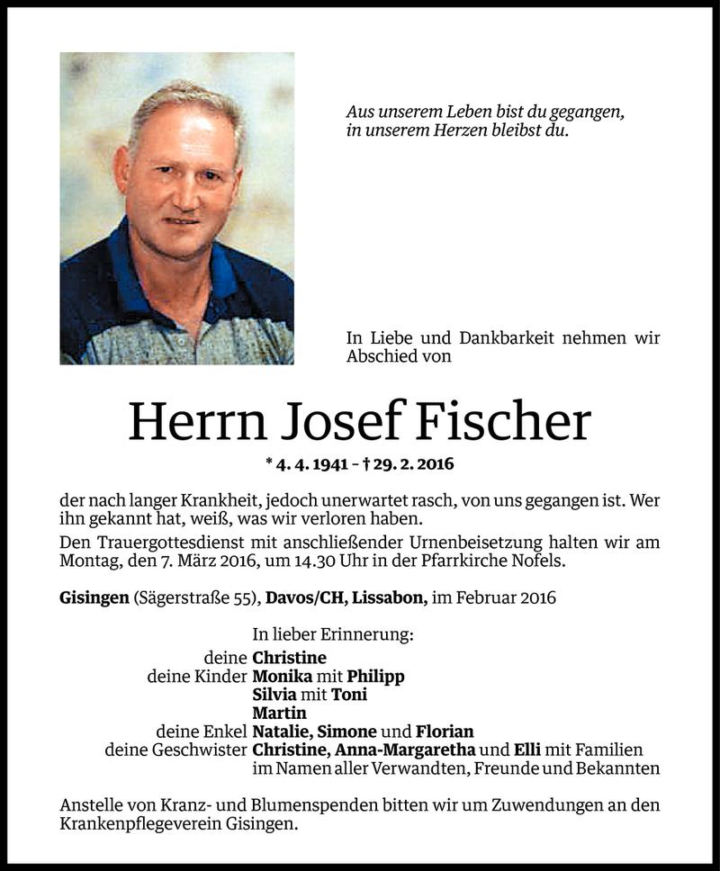  Todesanzeige für Josef Fischer vom 03.03.2016 aus Vorarlberger Nachrichten