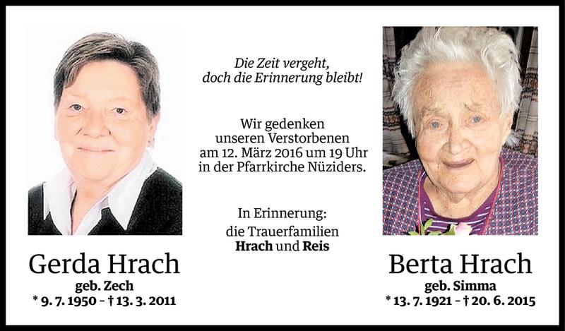  Todesanzeige für Berta Hrach vom 09.03.2016 aus Vorarlberger Nachrichten