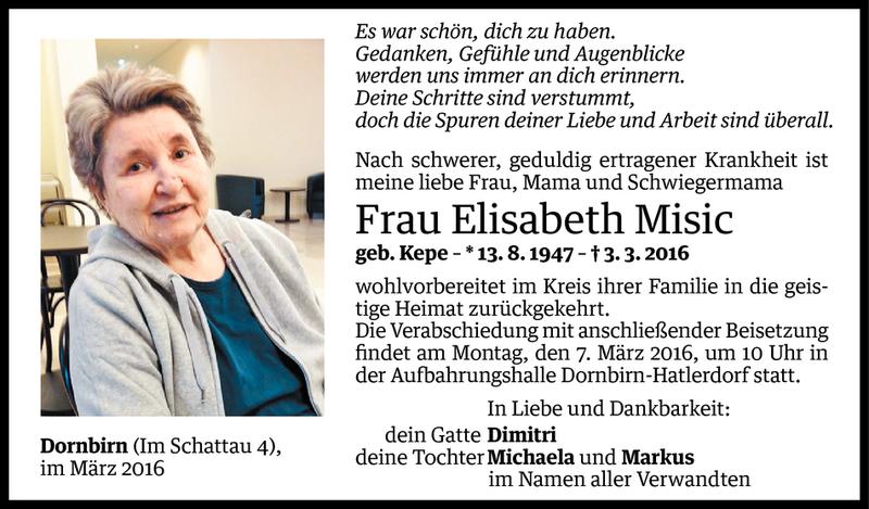  Todesanzeige für Elisabeth Misic vom 04.03.2016 aus Vorarlberger Nachrichten