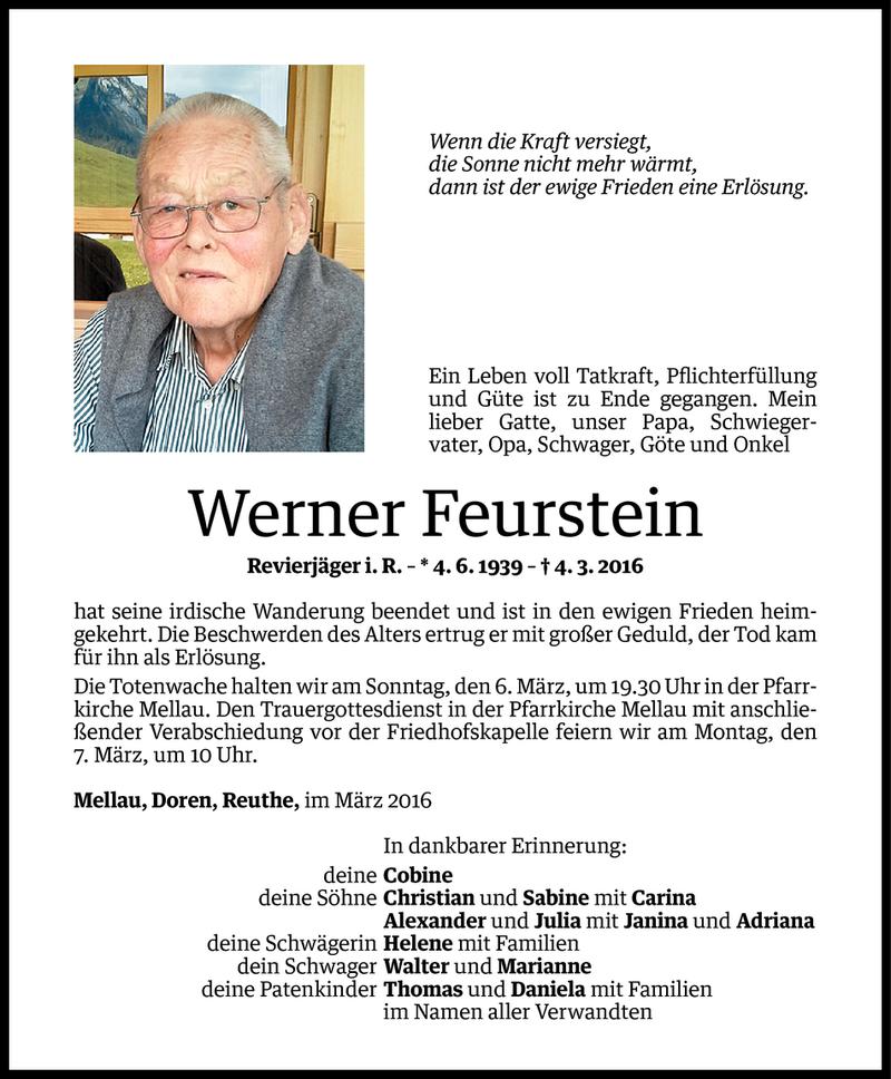  Todesanzeige für Werner Feurstein vom 04.03.2016 aus Vorarlberger Nachrichten