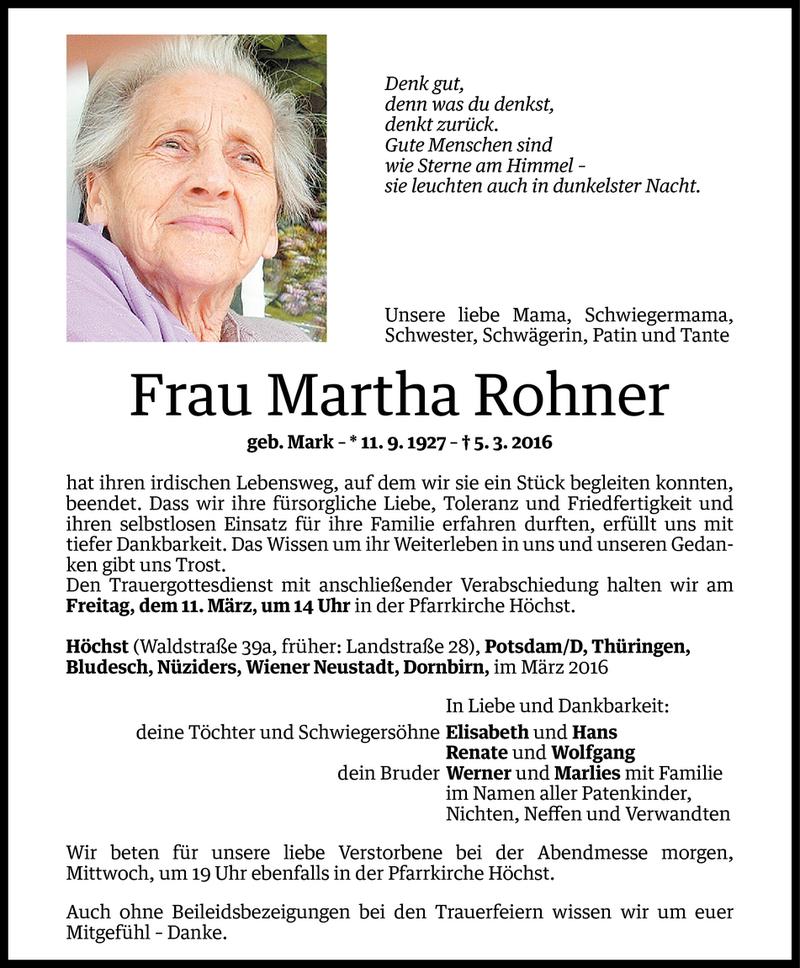  Todesanzeige für Martha Rohner vom 07.03.2016 aus Vorarlberger Nachrichten