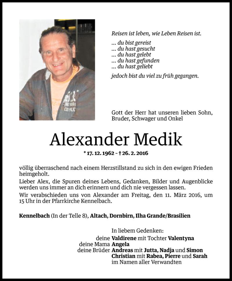  Todesanzeige für Alexander Medik vom 07.03.2016 aus Vorarlberger Nachrichten