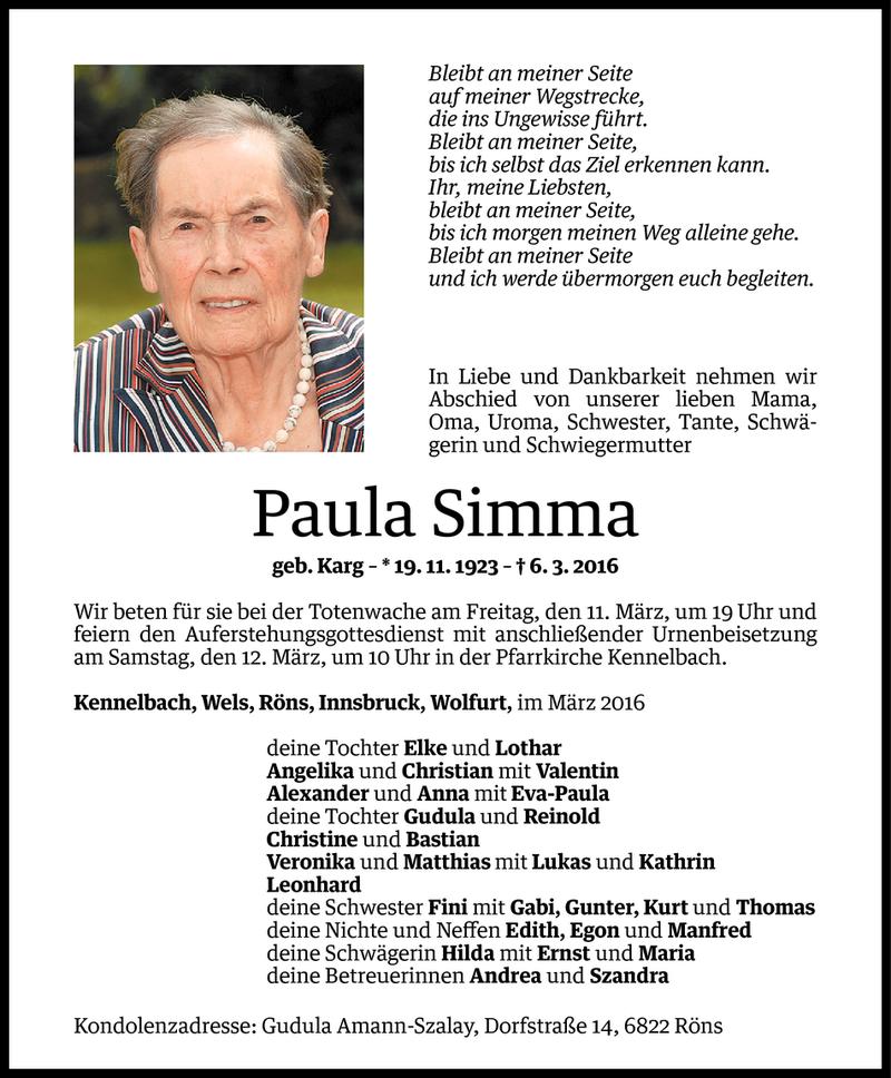  Todesanzeige für Paula Simma vom 07.03.2016 aus Vorarlberger Nachrichten