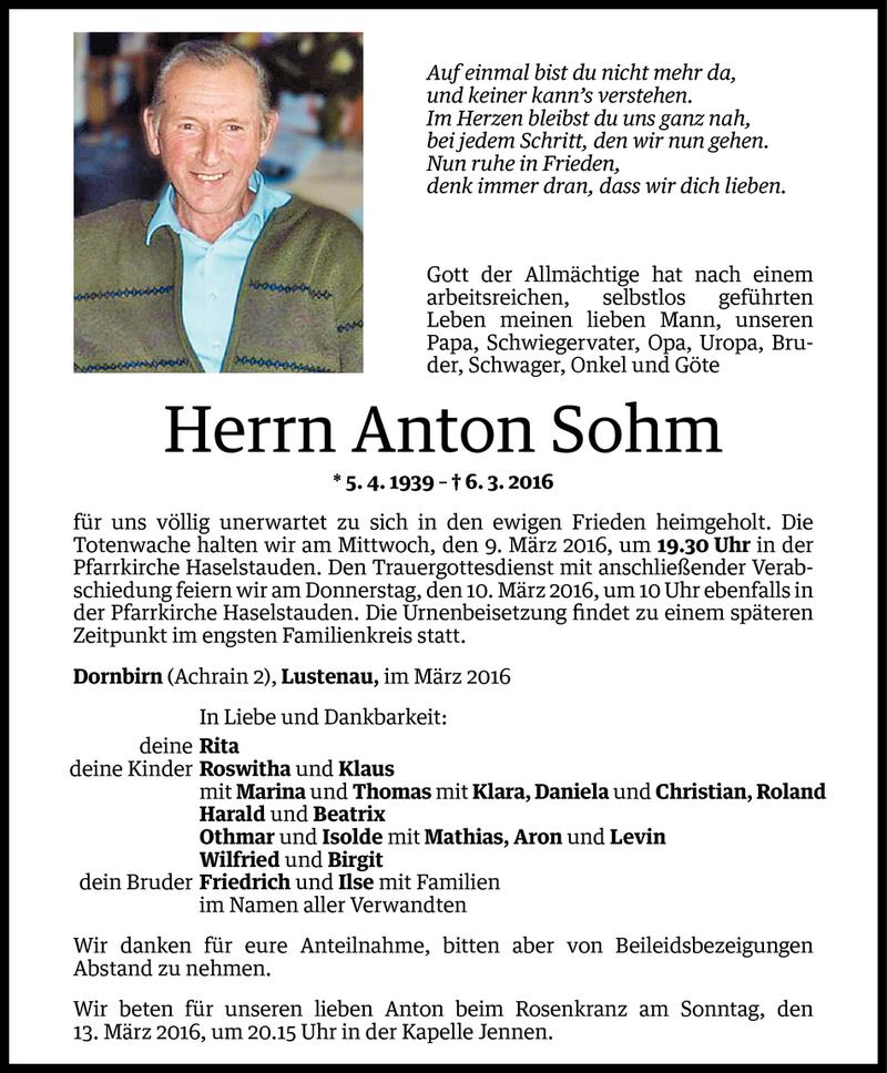  Todesanzeige für Anton Sohm vom 07.03.2016 aus Vorarlberger Nachrichten