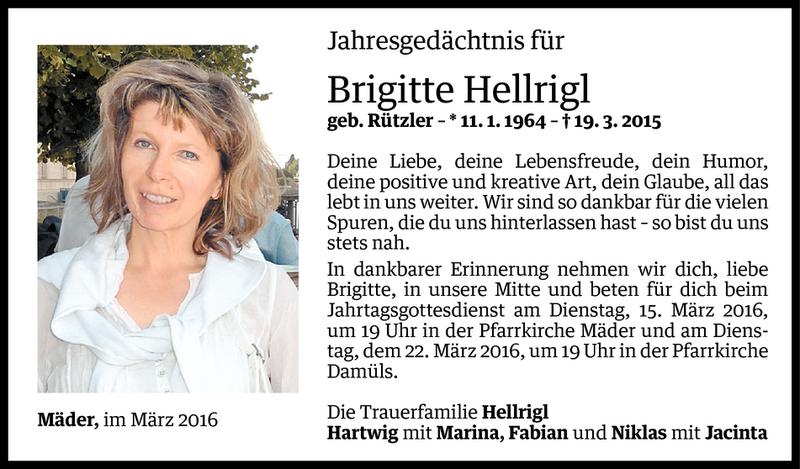  Todesanzeige für Brigitte Hellrigl vom 11.03.2016 aus Vorarlberger Nachrichten