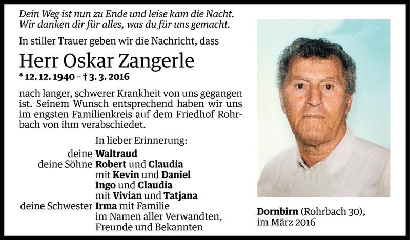  Todesanzeige für Oskar Zangerle vom 09.03.2016 aus Vorarlberger Nachrichten