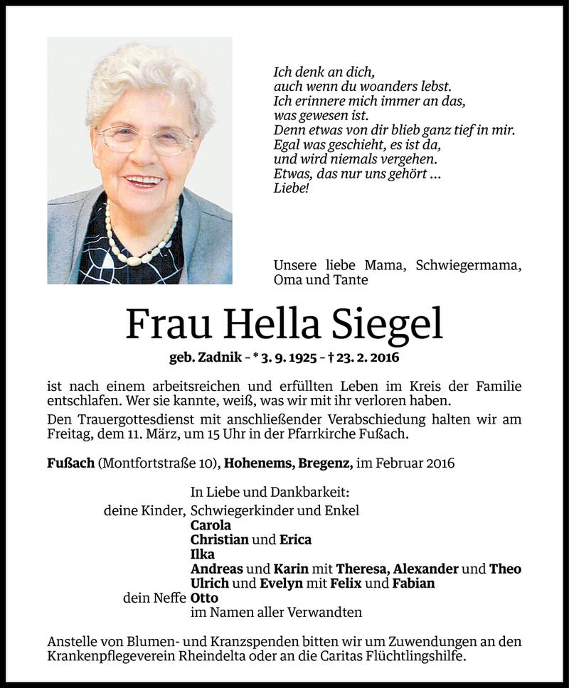  Todesanzeige für Hella Siegel vom 08.03.2016 aus Vorarlberger Nachrichten