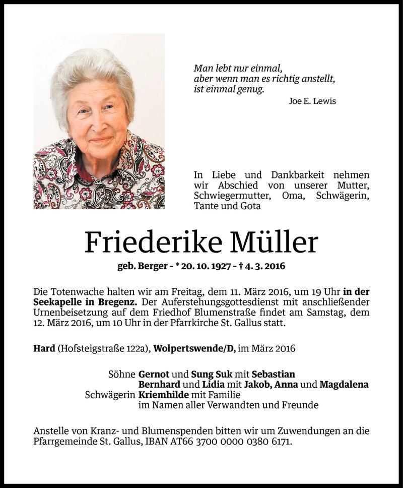  Todesanzeige für Friederike Müller vom 08.03.2016 aus Vorarlberger Nachrichten