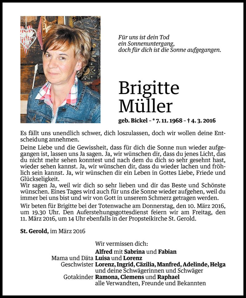  Todesanzeige für Brigitte Müller vom 08.03.2016 aus Vorarlberger Nachrichten