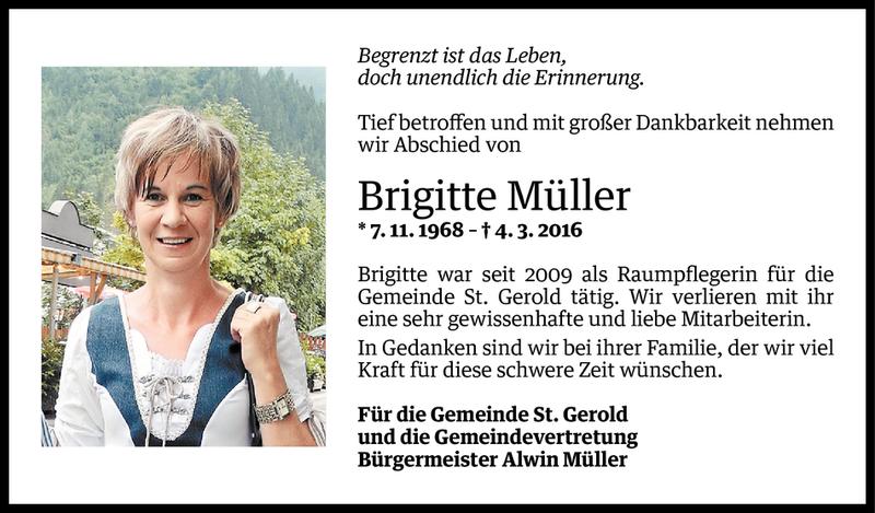  Todesanzeige für Brigitte Müller vom 08.03.2016 aus Vorarlberger Nachrichten