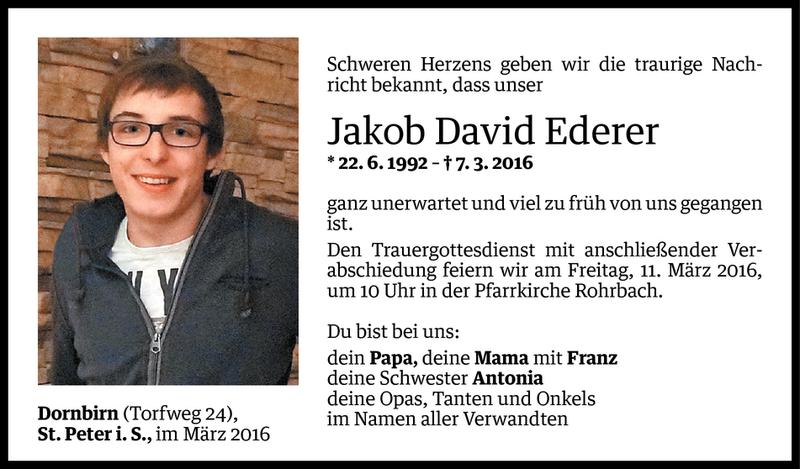  Todesanzeige für Jakob David Ederer vom 08.03.2016 aus Vorarlberger Nachrichten