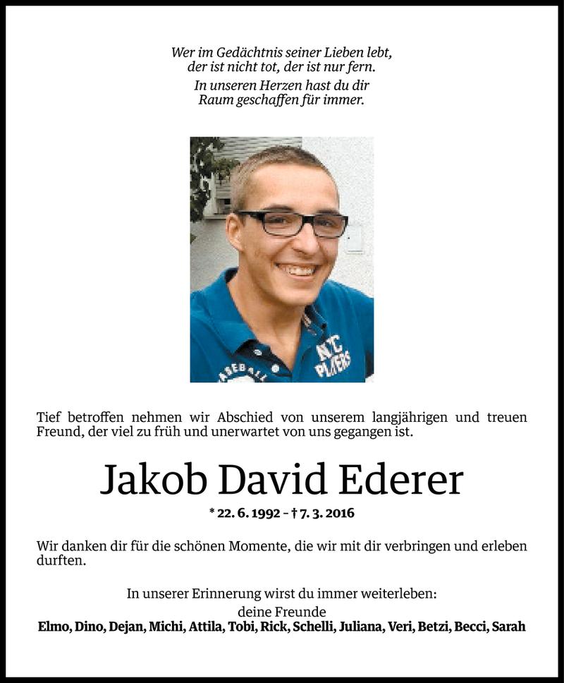  Todesanzeige für Jakob David Ederer vom 08.03.2016 aus Vorarlberger Nachrichten