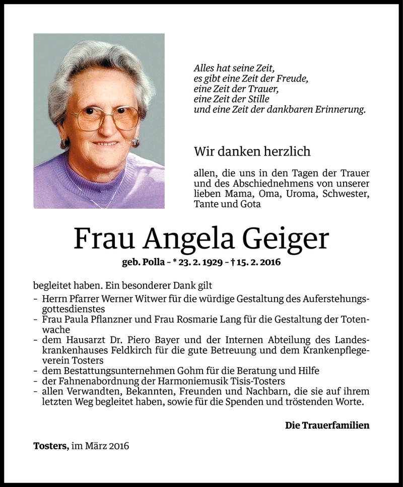 Todesanzeigen von Angela Geiger | Todesanzeigen Vorarlberger Nachrichten