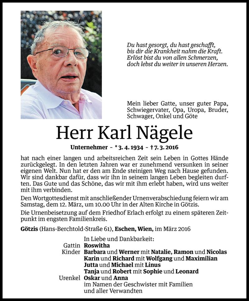  Todesanzeige für Karl Nägele vom 10.03.2016 aus Vorarlberger Nachrichten