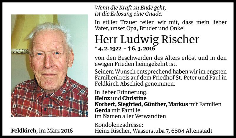  Todesanzeige für Ludwig Rischer vom 12.03.2016 aus Vorarlberger Nachrichten