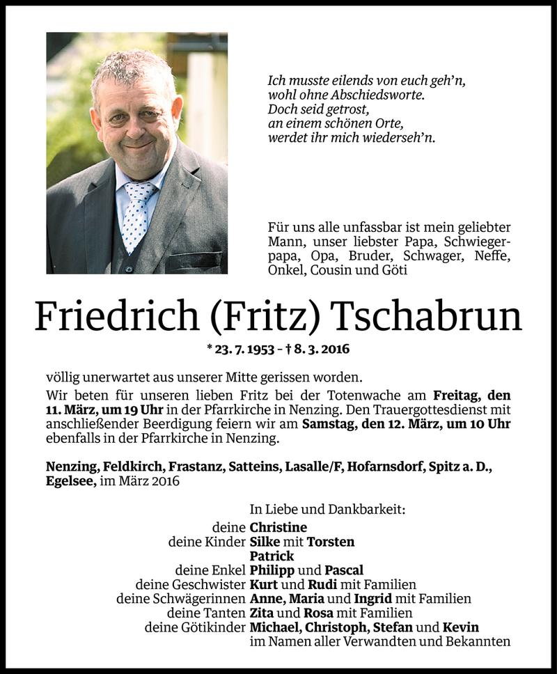  Todesanzeige für Friedrich Tschabrun vom 10.03.2016 aus Vorarlberger Nachrichten