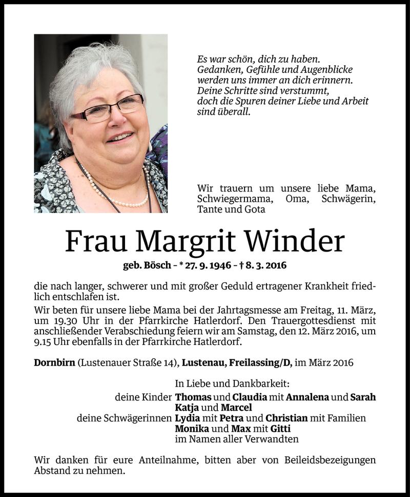  Todesanzeige für Margrit Winder vom 09.03.2016 aus Vorarlberger Nachrichten