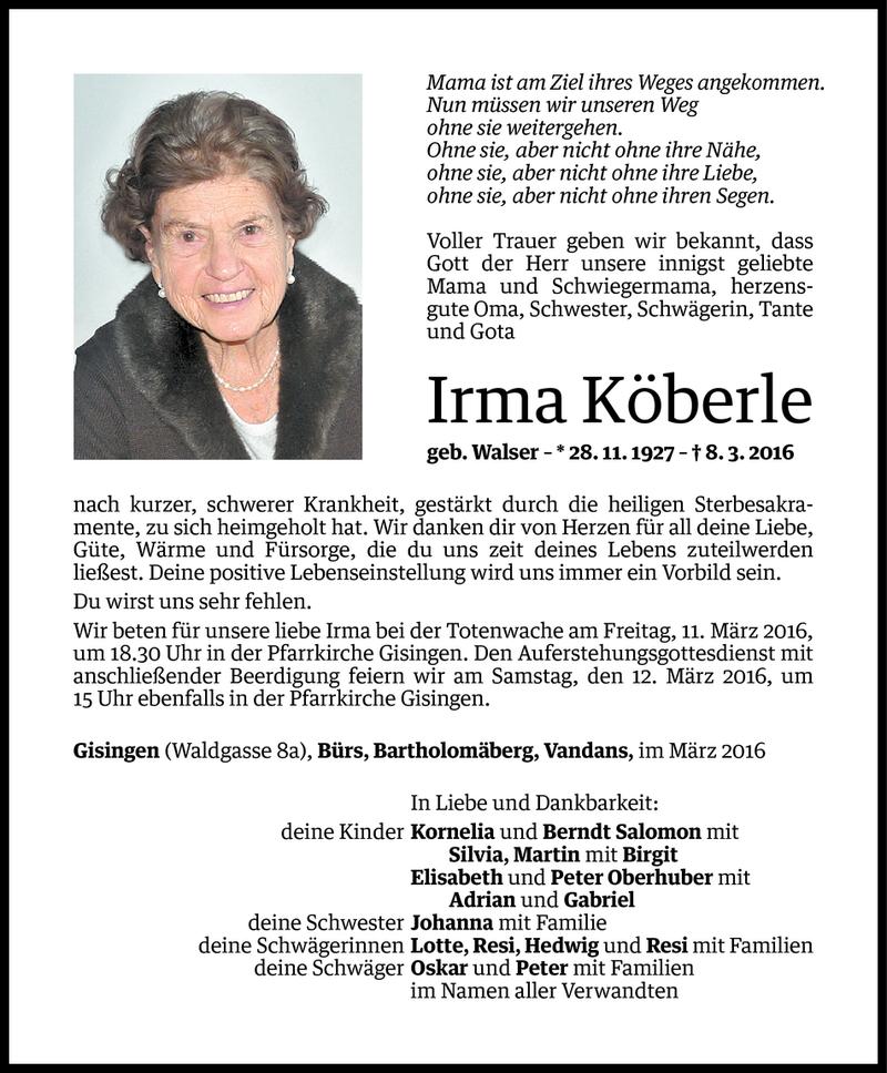  Todesanzeige für Irma Köberle vom 09.03.2016 aus Vorarlberger Nachrichten