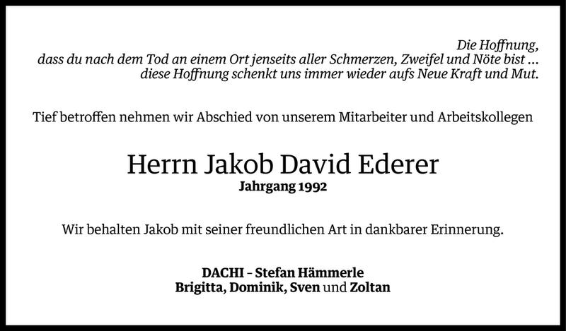  Todesanzeige für Jakob David Ederer vom 09.03.2016 aus Vorarlberger Nachrichten