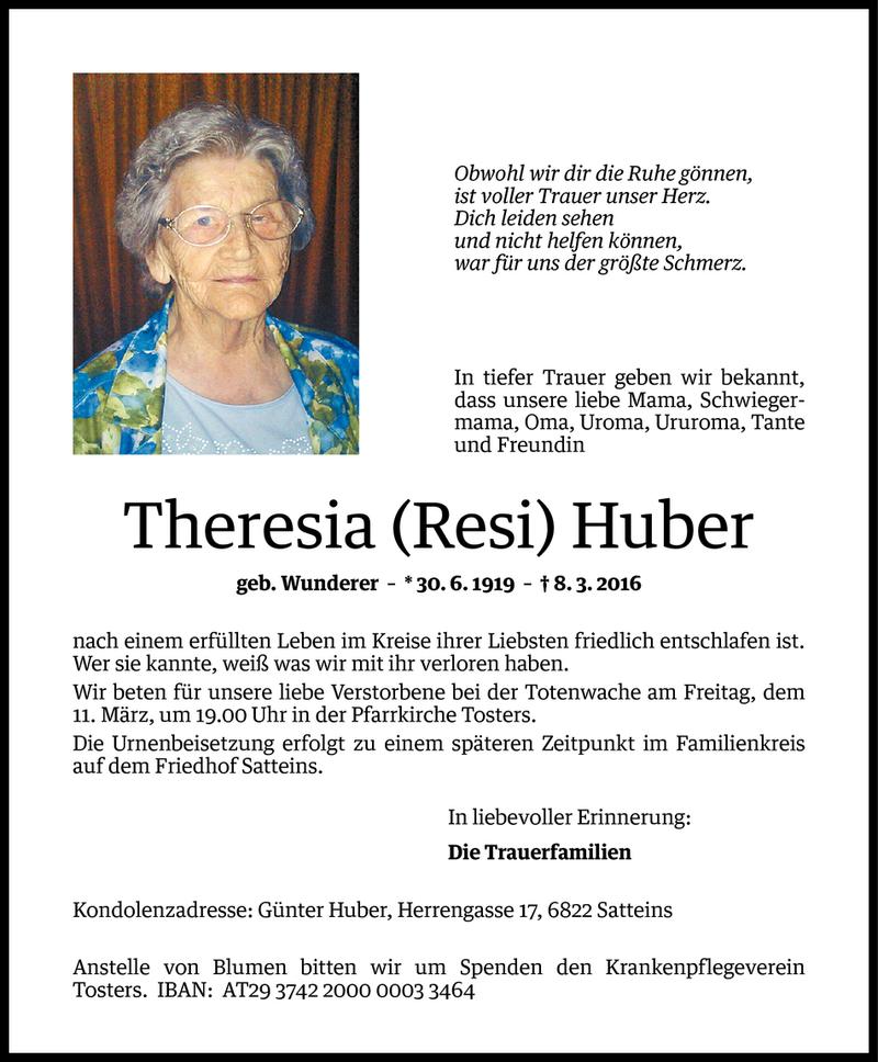  Todesanzeige für Theresia Huber vom 10.03.2016 aus Vorarlberger Nachrichten