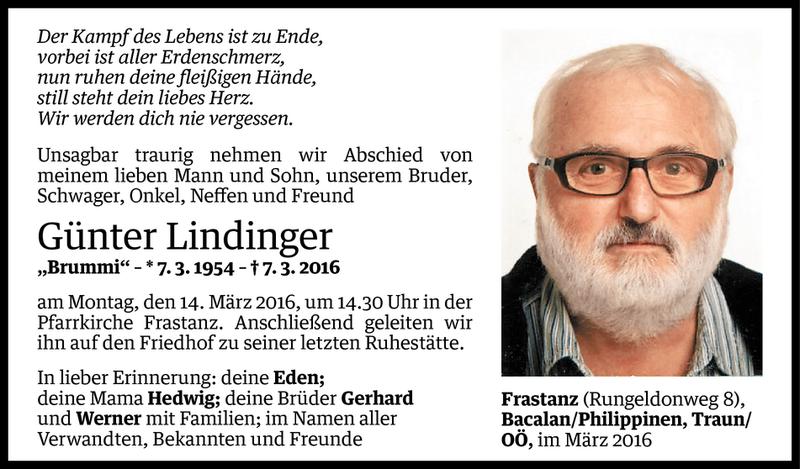  Todesanzeige für Günter Lindinger vom 10.03.2016 aus Vorarlberger Nachrichten