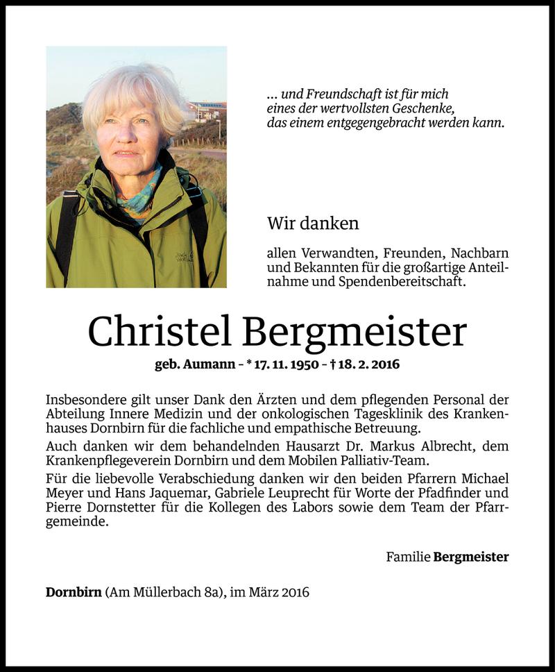  Todesanzeige für Christel Bergmeister vom 15.03.2016 aus Vorarlberger Nachrichten