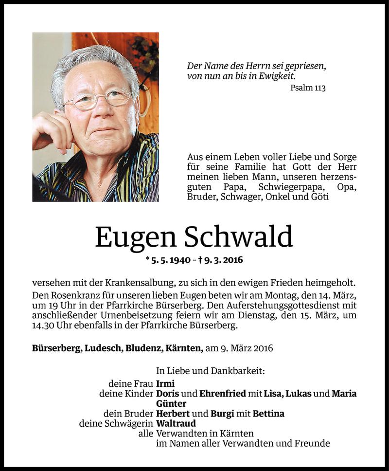  Todesanzeige für Eugen Schwald vom 11.03.2016 aus Vorarlberger Nachrichten